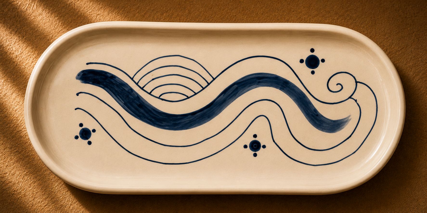 Handmade ceramic tray by Greek artist Aglaia Leoussi, decorated with blue abstract lines and organic shapes on white ceramic