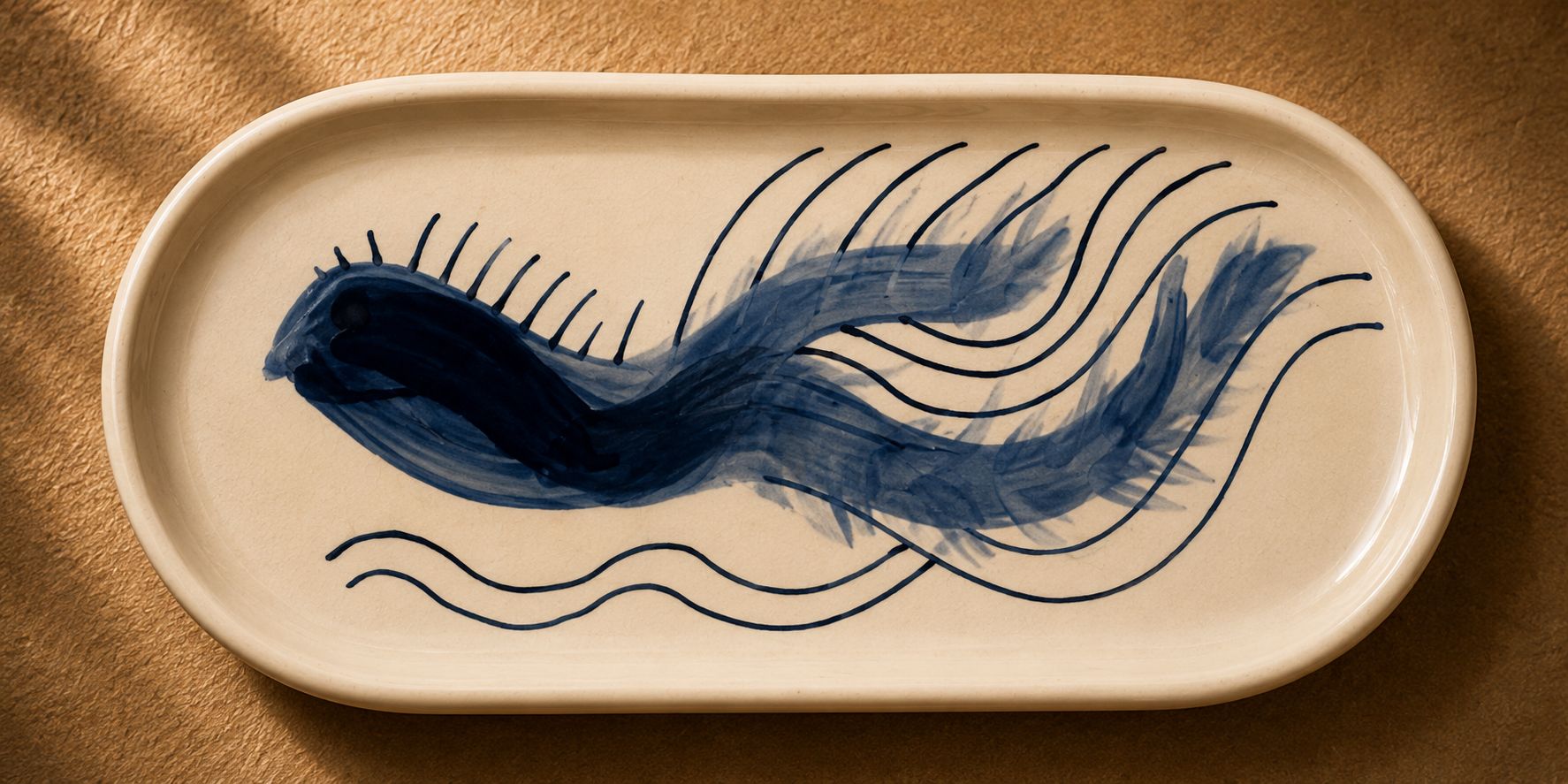 Handmade ceramic tray by Greek artist Aglaia Leoussi, decorated with blue abstract lines and organic shapes on white ceramic
