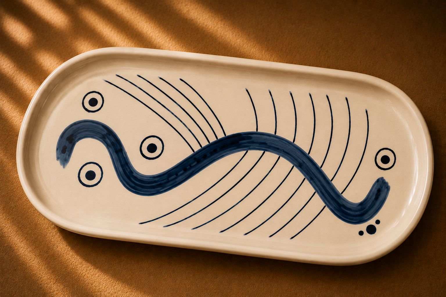 Handmade ceramic tray by Greek artist Aglaia Leoussi, decorated with blue abstract lines and organic shapes on white ceramic