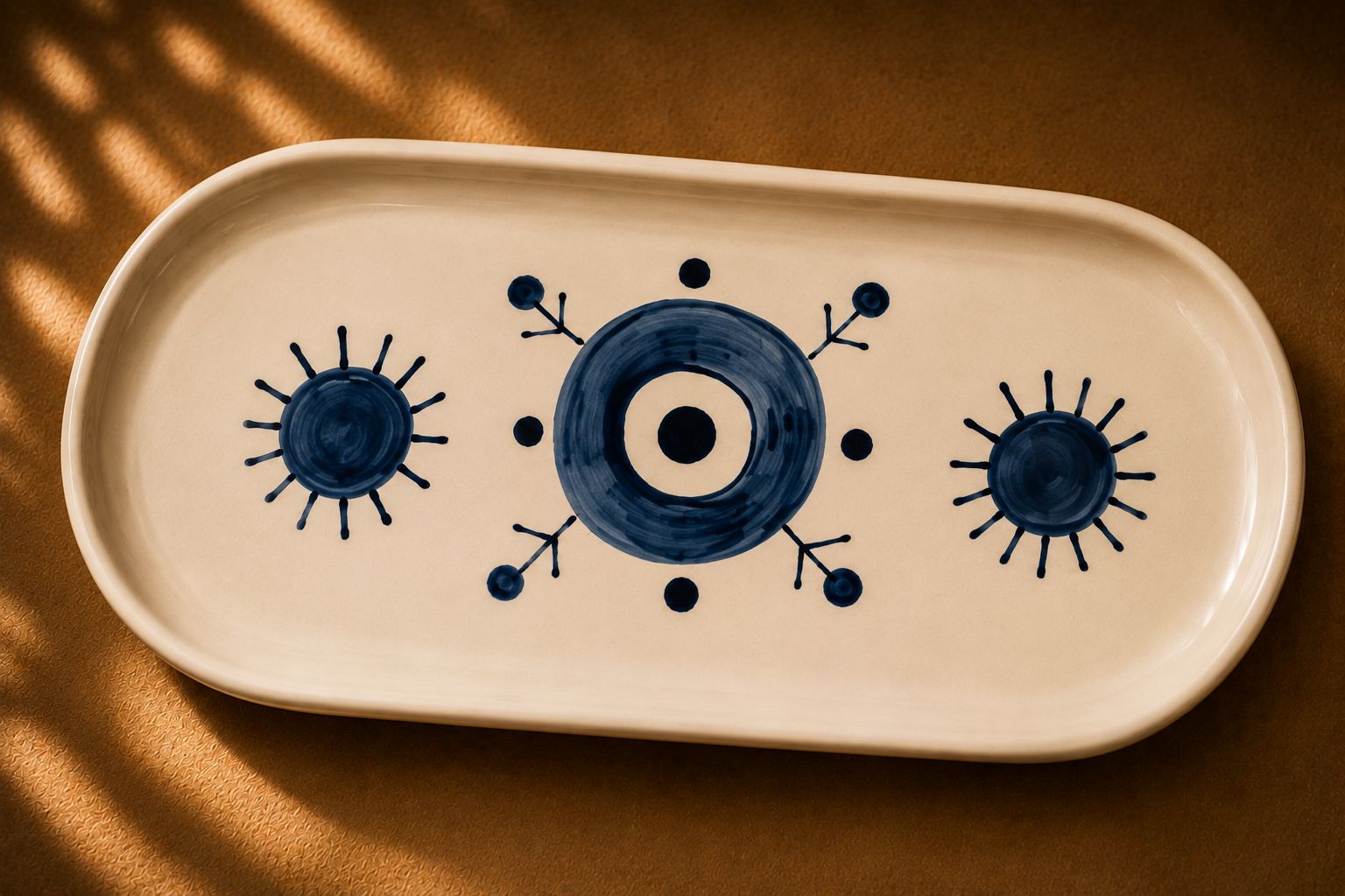 Handmade ceramic tray by Greek artist Aglaia Leoussi, decorated with blue abstract lines and organic shapes on white ceramic