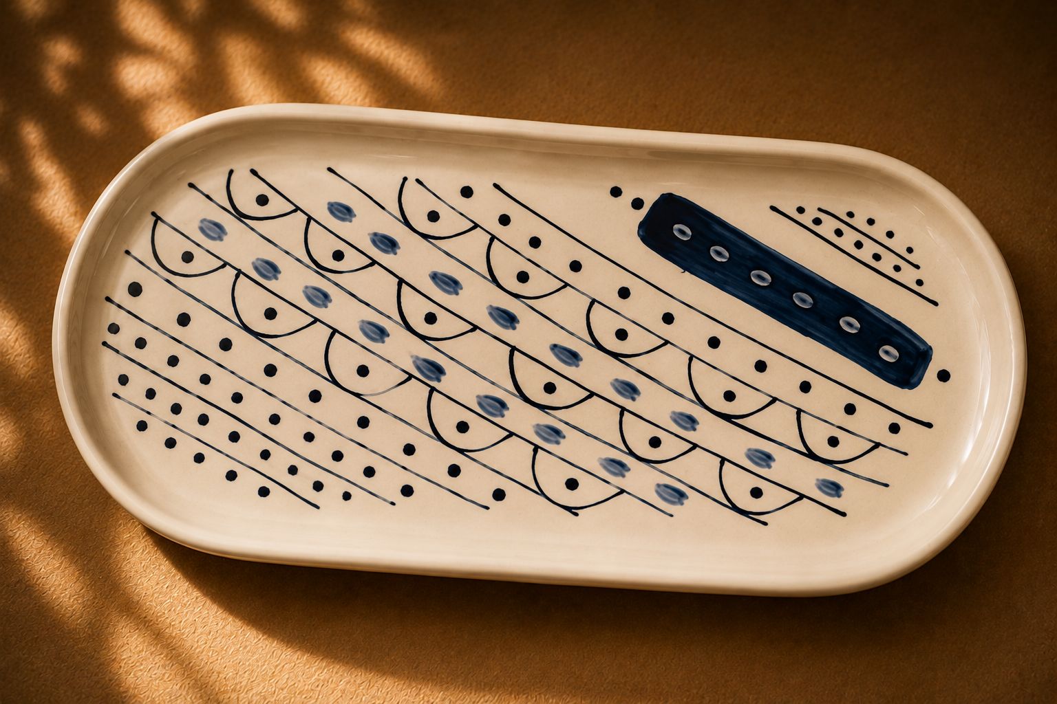 Handmade ceramic tray by Greek artist Aglaia Leoussi, decorated with blue abstract lines and organic shapes on white ceramic