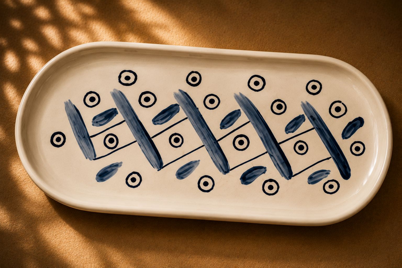 Handmade ceramic tray by Greek artist Aglaia Leoussi, decorated with blue abstract lines and organic shapes on white ceramic