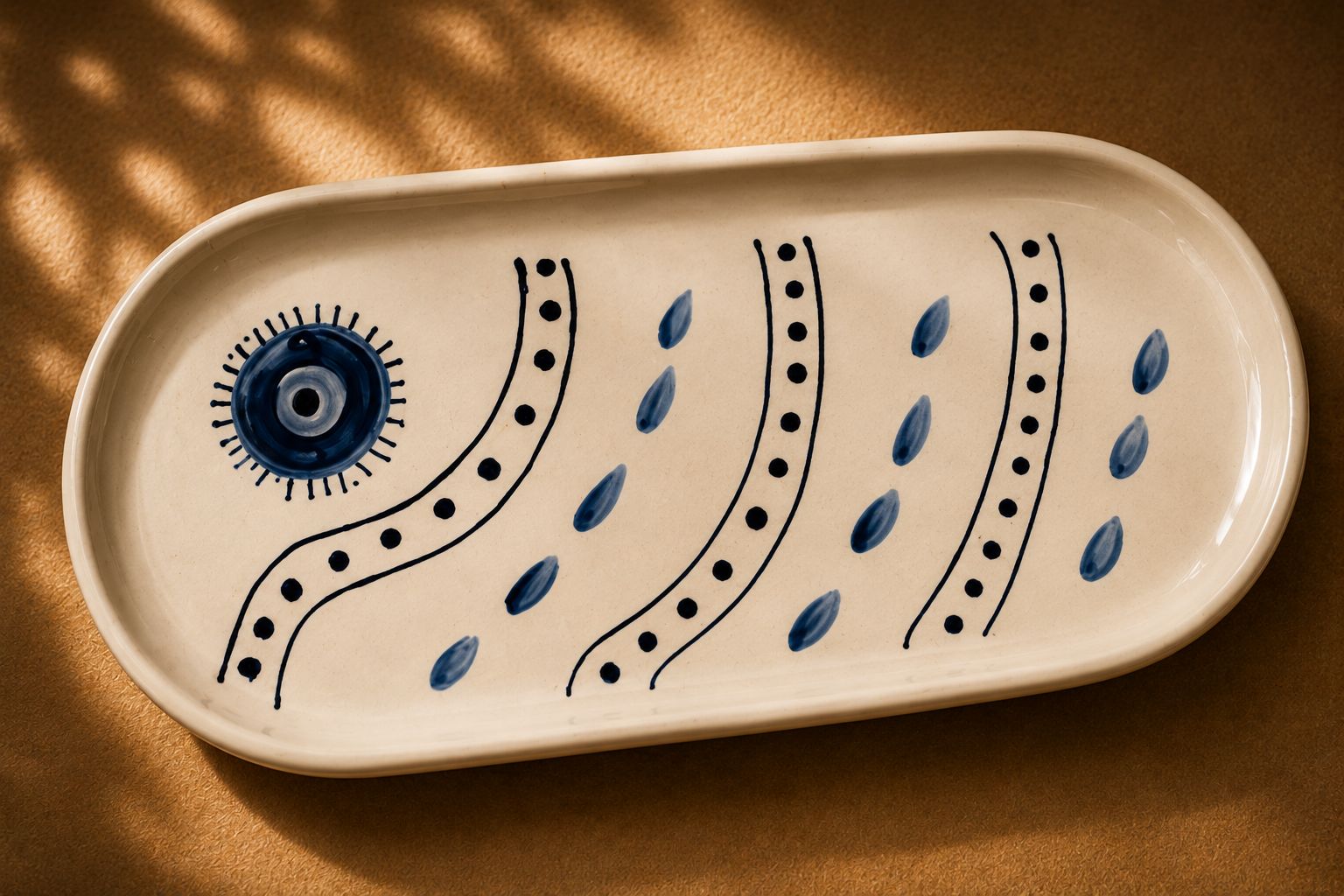 Handmade ceramic tray by Greek artist Aglaia Leoussi, decorated with blue abstract lines and organic shapes on white ceramic