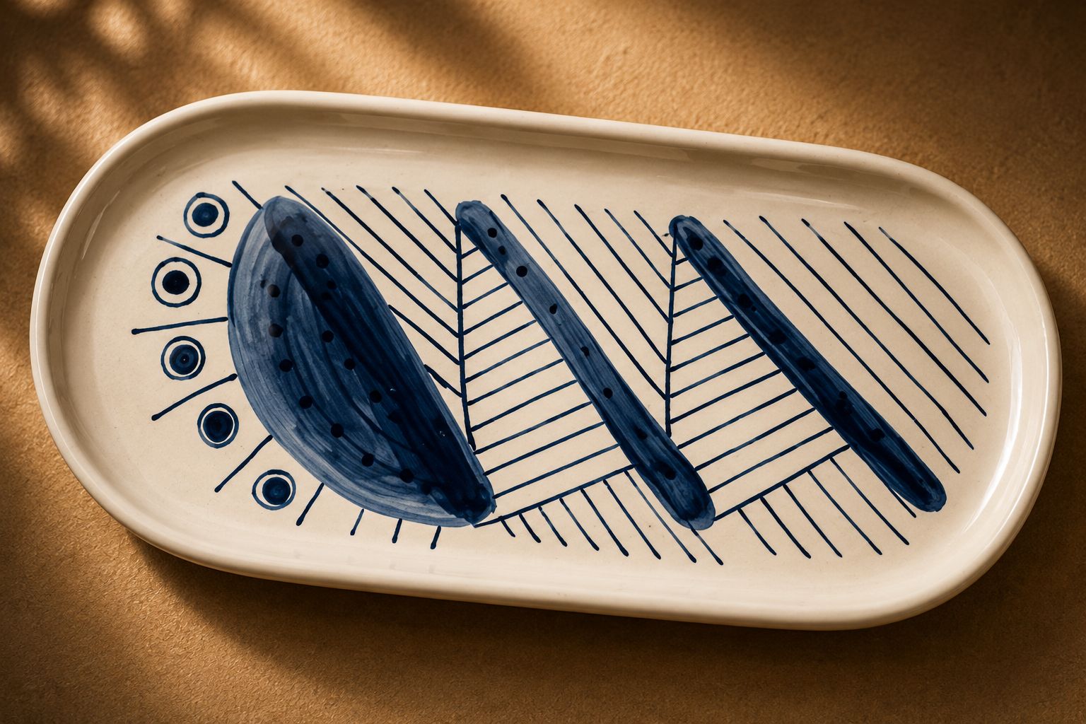 Handmade ceramic tray by Greek artist Aglaia Leoussi, decorated with blue abstract lines and organic shapes on white ceramic