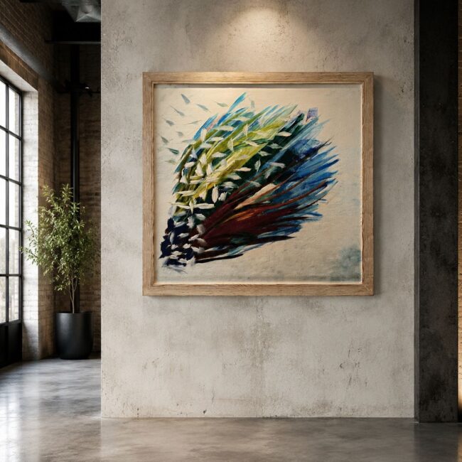 Framed painting by Aglaia Leoussi titled The Heavy Bird, featuring a dynamic bird-like form in blue, green, white, and earthy tones