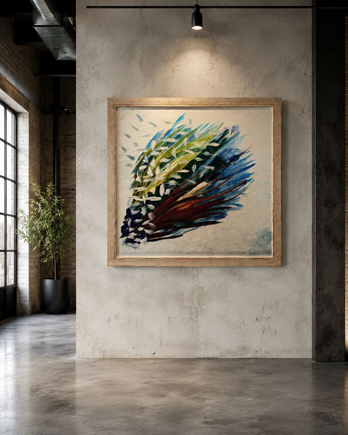 Framed painting by Aglaia Leoussi titled The Heavy Bird, featuring a dynamic bird-like form in blue, green, white, and earthy tones