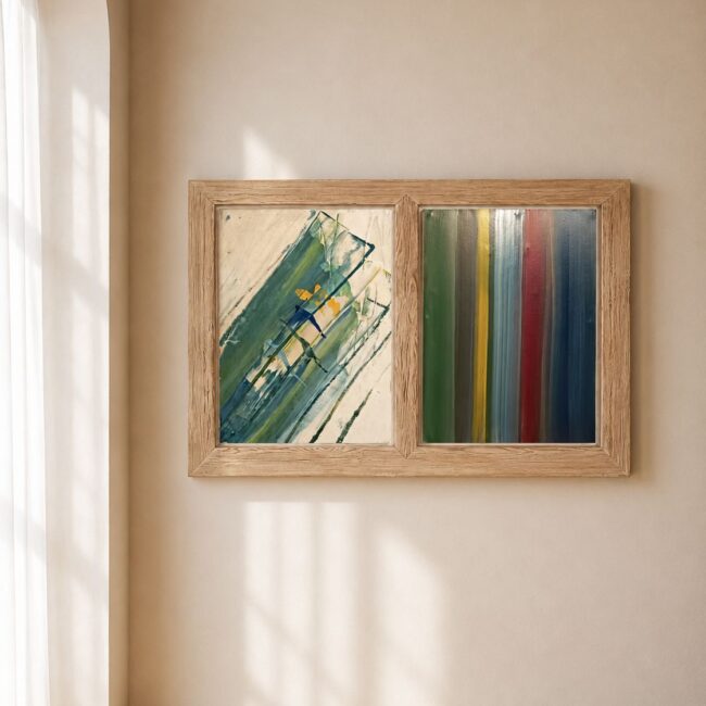 Divided and Together painting by Aglaia Leoussi, featuring two framed abstract panels with expressive green brushstrokes and vertical colour fields