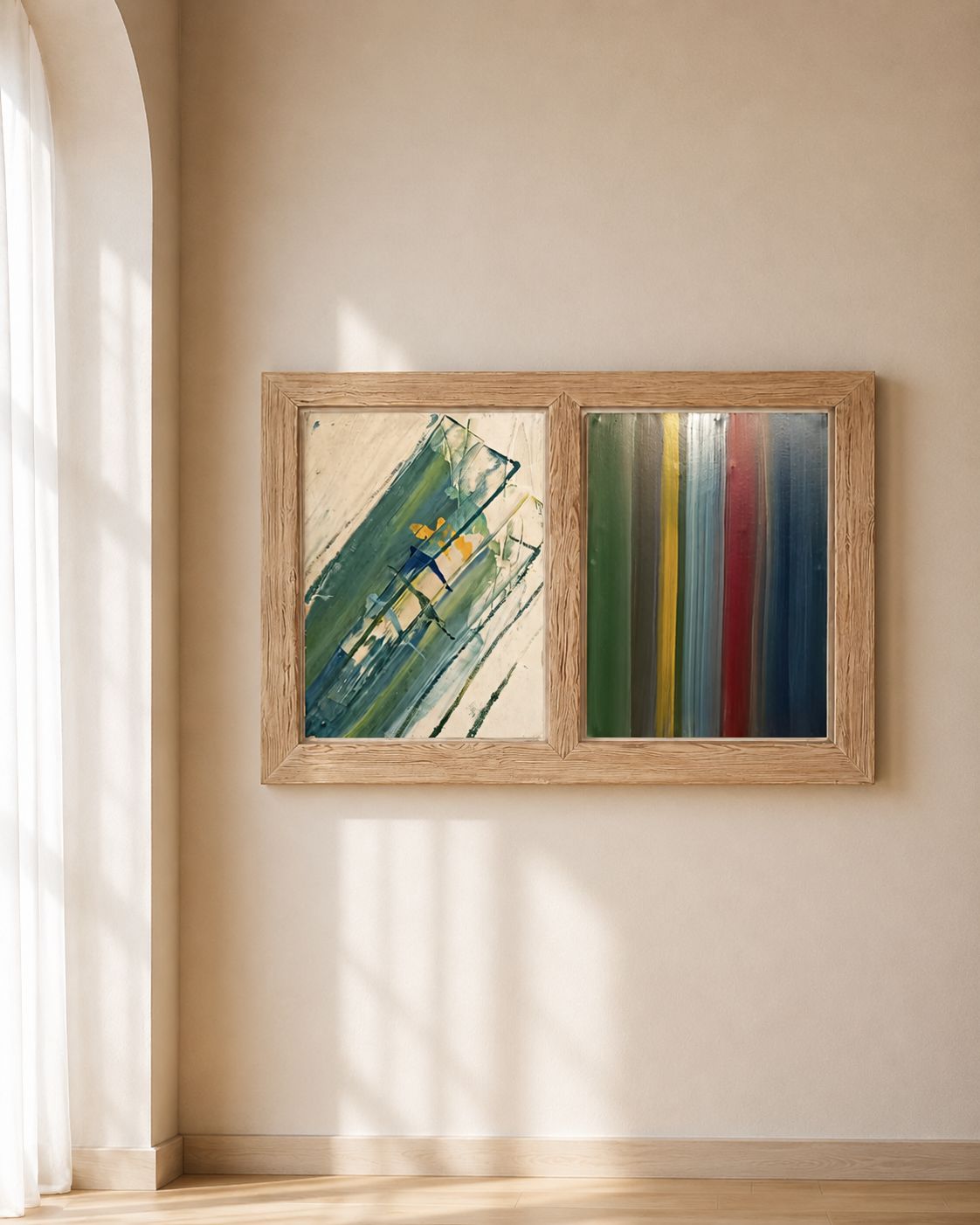 Divided and Together painting by Aglaia Leoussi, featuring two framed abstract panels with expressive green brushstrokes and vertical colour fields