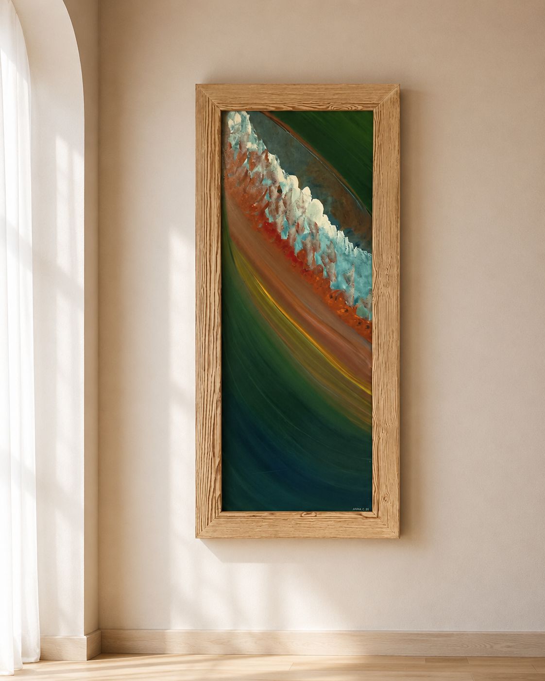 Framed abstract painting by Greek artist Aglaia Leoussi, featuring green, turquoise, orange, and earthy flowing forms