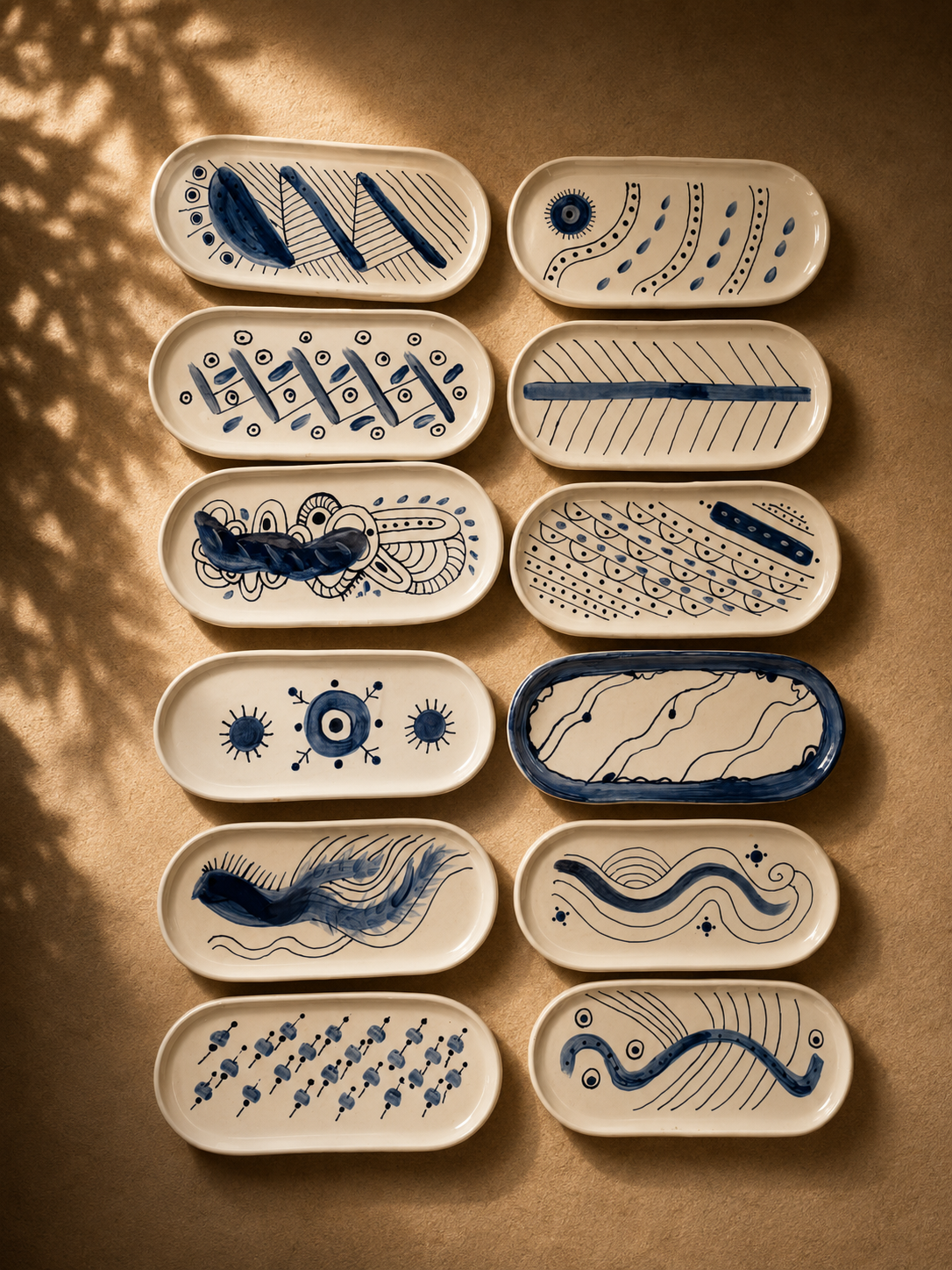 Set of handmade ceramic trays by Greek artist Aglaia Leoussi, decorated with blue abstract patterns on white ceramic