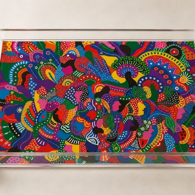 Decorative acrylic tray by Greek artist Aglaia Leoussi, featuring a vibrant world of colorful hand-painted people.