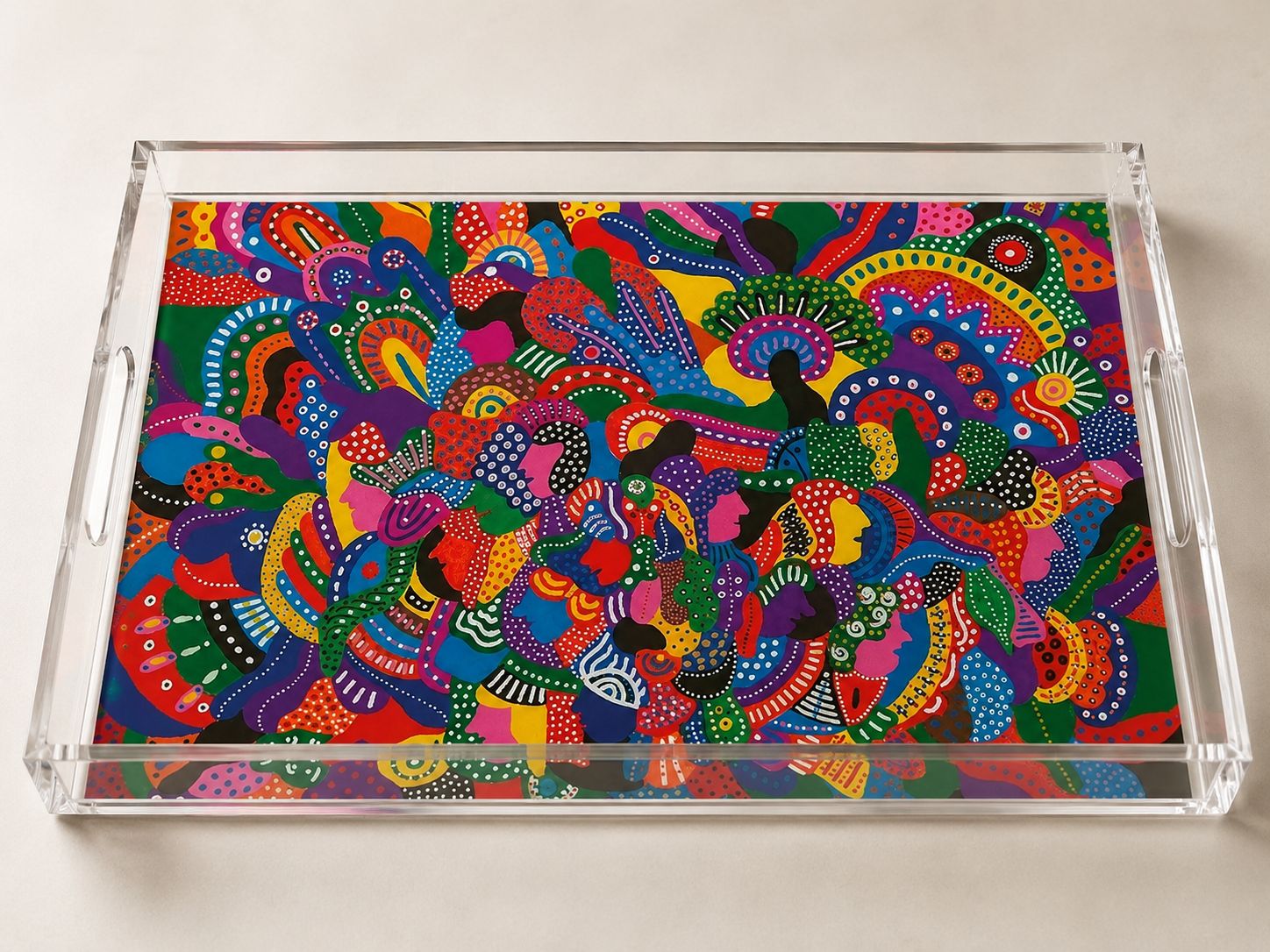 Decorative acrylic tray by Greek artist Aglaia Leoussi, featuring a vibrant world of colorful hand-painted people.