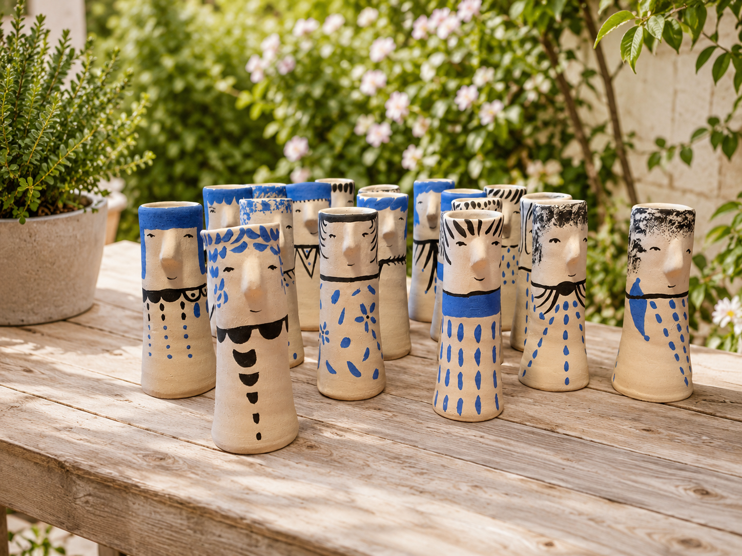 Faces Vases by Aglaia Leoussi / Αγλαΐα Λεούση, small hand-painted ceramic vases decorated with blue and black expressive face details