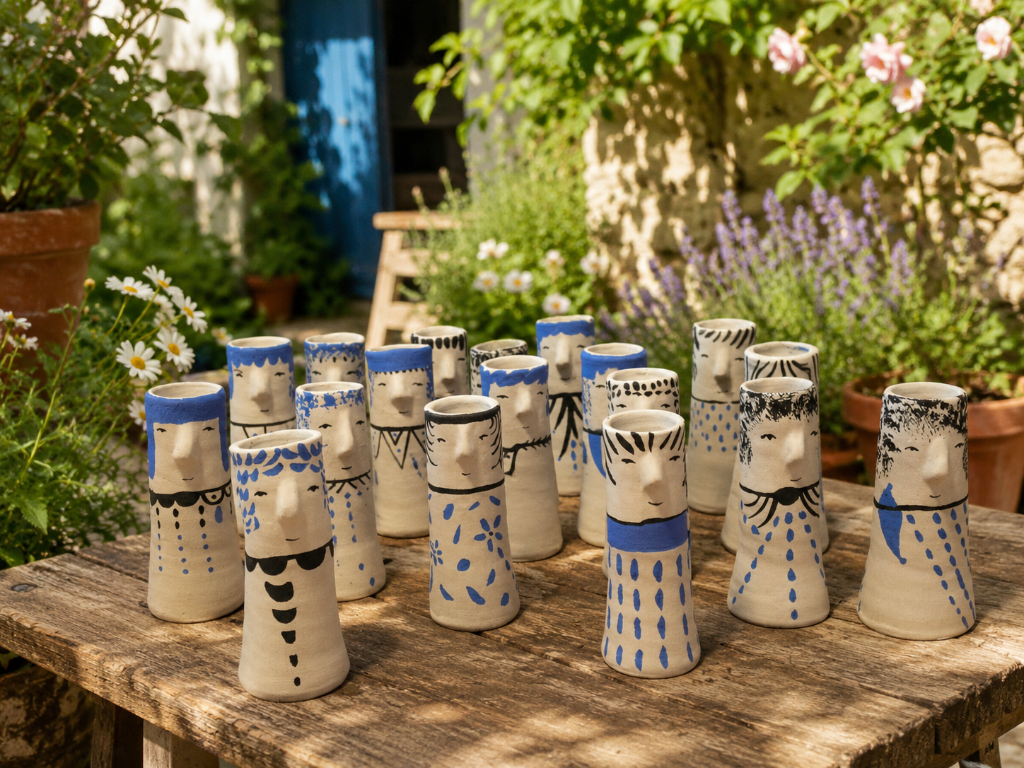 Faces Vases by Aglaia Leoussi / Αγλαΐα Λεούση, small hand-painted ceramic vases decorated with blue and black expressive face details