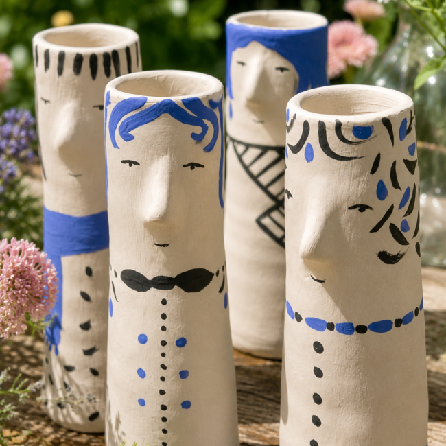 Faces Vases by Aglaia Leoussi / Αγλαΐα Λεούση, small hand-painted ceramic vases decorated with blue and black expressive face details