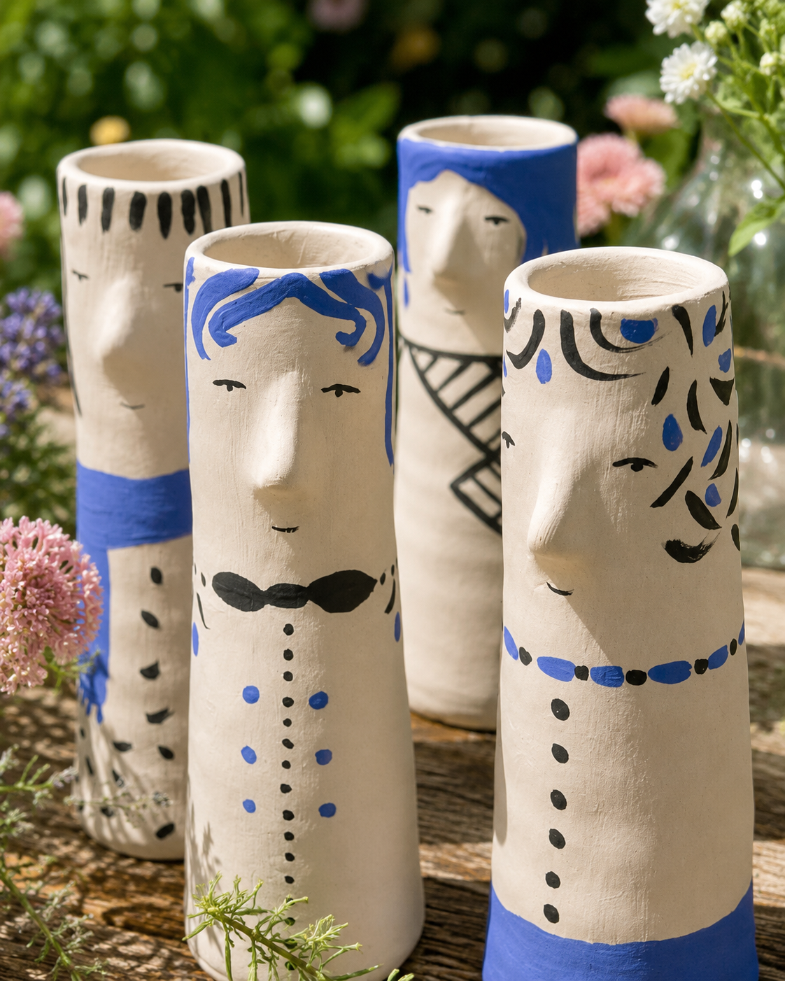 Faces Vases by Aglaia Leoussi / Αγλαΐα Λεούση, small hand-painted ceramic vases decorated with blue and black expressive face details