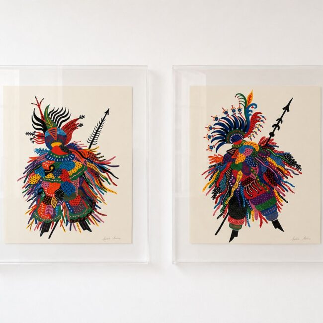 Warriors artwork by Greek artist Aglaia Leoussi, featuring a colorful abstract warrior figure in a white frame