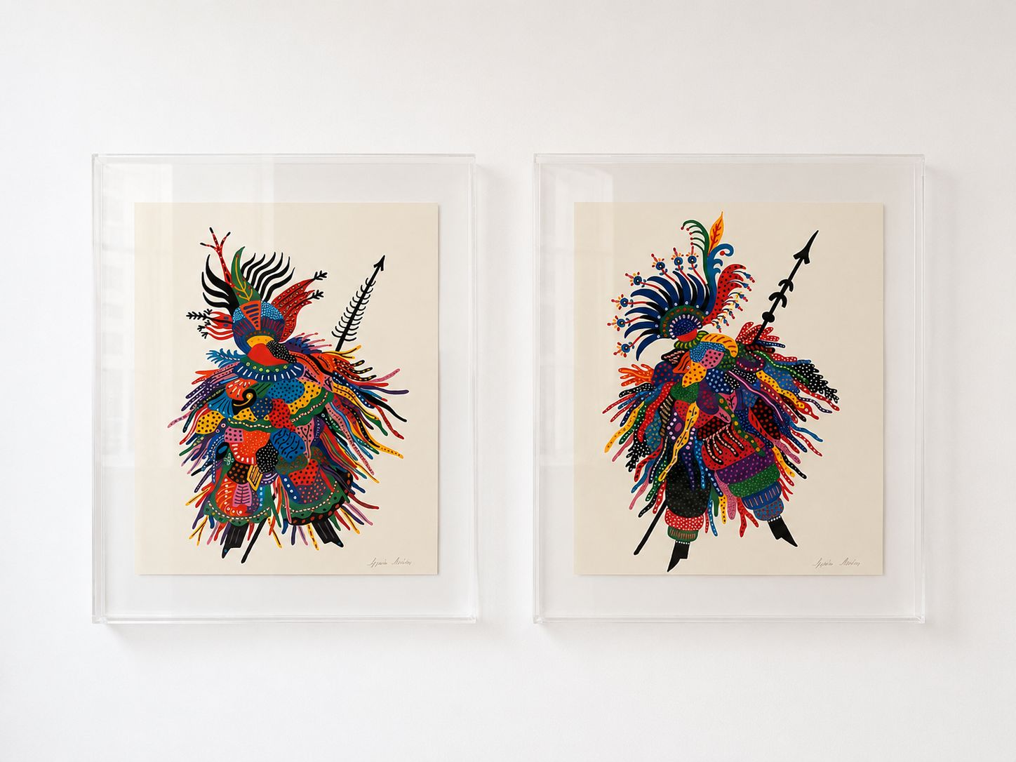 Warriors artwork by Greek artist Aglaia Leoussi, featuring a colorful abstract warrior figure in a white frame